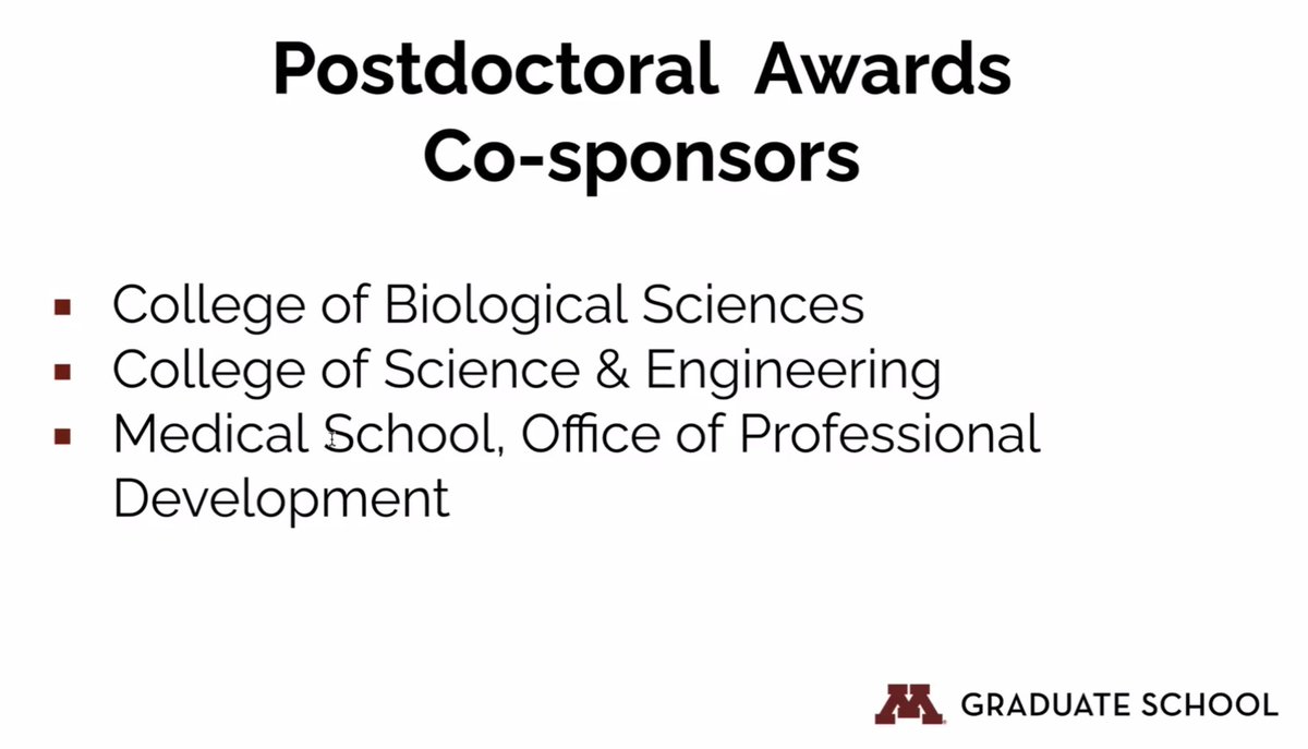 Congratulations to all the outstanding postdocs who took home awards and honorable mentions in the 2022 Postdoc Awards announced this morning during our NPAW <a href="/nationalpostdoc/">nationalpostdoc</a> kickoff!  <a href="/UMN_GradSchool/">UMN Grad School</a> #UMNpostdocs Thanks to our co-sponsors <a href="/umncbs/">UMN CBS</a> <a href="/UMNCSE/">College of Sci & Eng</a> @UMNMedOPD!