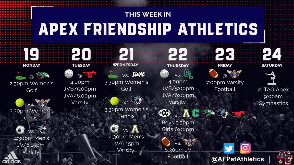 AFHS_PAC's tweet photo. Week 6⃣ kicks off tomorrow with ⛳️,🎾 &⚽️. Come out and support your Fall athletes! Use those AFPAC All sports passes to cheer on your student athletes at the home games! If you still need passes: https://t.co/6c0oHe8XrD #patsfam https://t.co/lTLQWj8pt4