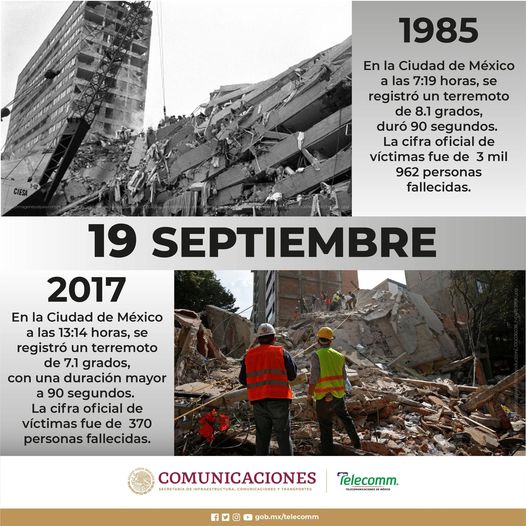 TelecommColima's tweet photo. 🇲🇽 El 19 de septiembre de 1985, en la Ciudad de México, a las 7:19 horas, se registra un terremoto de 8.1 grados en la escala de Richter que dura 90 segundos 

🇲🇽 19 de septiembre del 2017 se registra un sismo a las 13:14 horas de magnitud 7.1, https://t.co/17f3OHNSNR