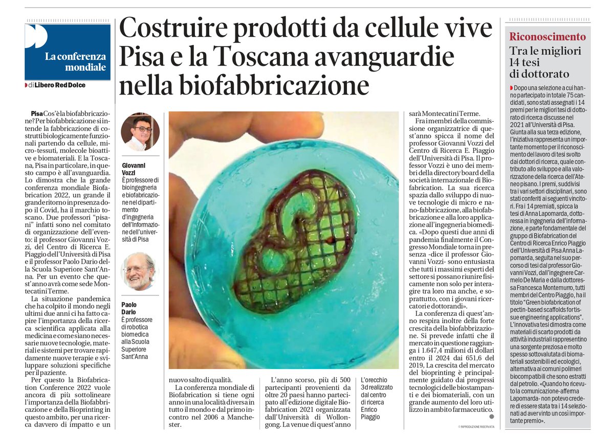 La conferenza di Biofabrication si avvicina! Il Centro Piaggio si distingue per l'eccellenza non solo per la Conferenza mondiale che avrà inizio il 25 Settembre a Montecatini, ma anche per il premio per la tesi della dottoressa di ricerca Anna Lapomarda
Grazie <a href="/liberored/">Libero Dolce</a> <a href="/Unipisa/">Università di Pisa</a>