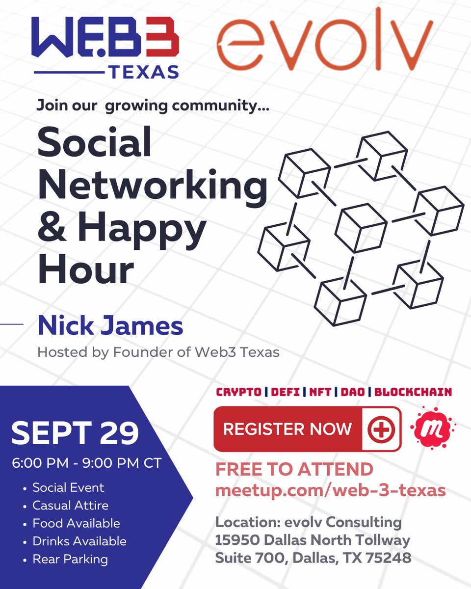 Web3TX's tweet photo. Join us and Evolv Consulting for Networking, Food and Drinks on the 29th of September at 6:00pm
This will be a casual social event where you can connect and get to know others in the quickly growing Web3 community here in Texas. Register here 👇
https://t.co/Md5yphcx2p https://t.co/MvNf4tt3kE