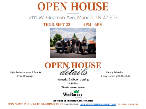 TruBuilding's tweet image. We hope to see you at our TRU-Building Muncie, IN Open House/Ribbon Cutting Event this Thursday, September 22nd 4-6PM Thanks to @WesBanco Mortgage for sponsoring The Barking Cow Ice Cream and some great prizes! #DontDoNormal #TRU-BUILDING