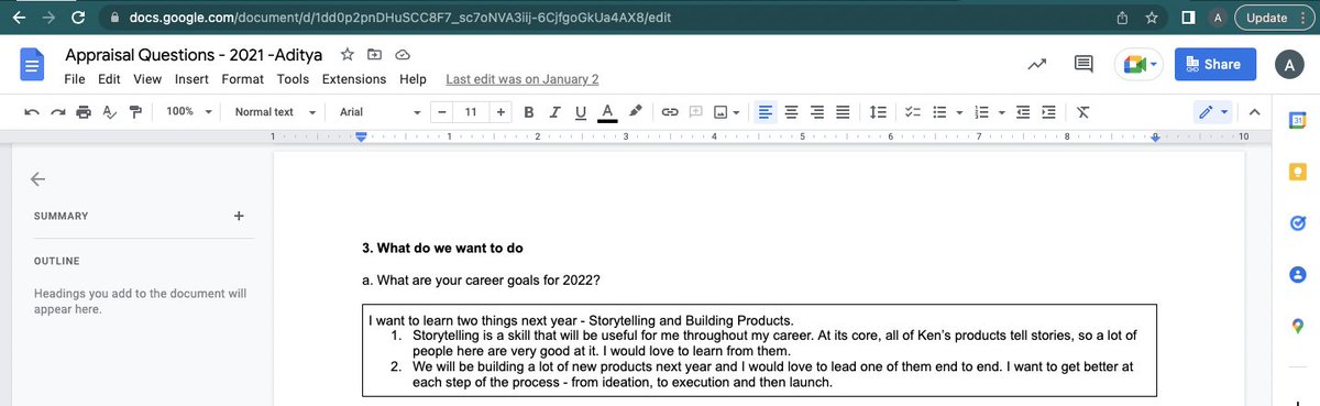 adityaagrw's tweet photo. This is what I wrote in my appraisal document last year. The question was "What are your career goals for 2022?" I believe that the single most important skill one needs to be a good PM is - communication. Most of the product folks I look up to say the same thing - https://t.co/15pGHs8RqW