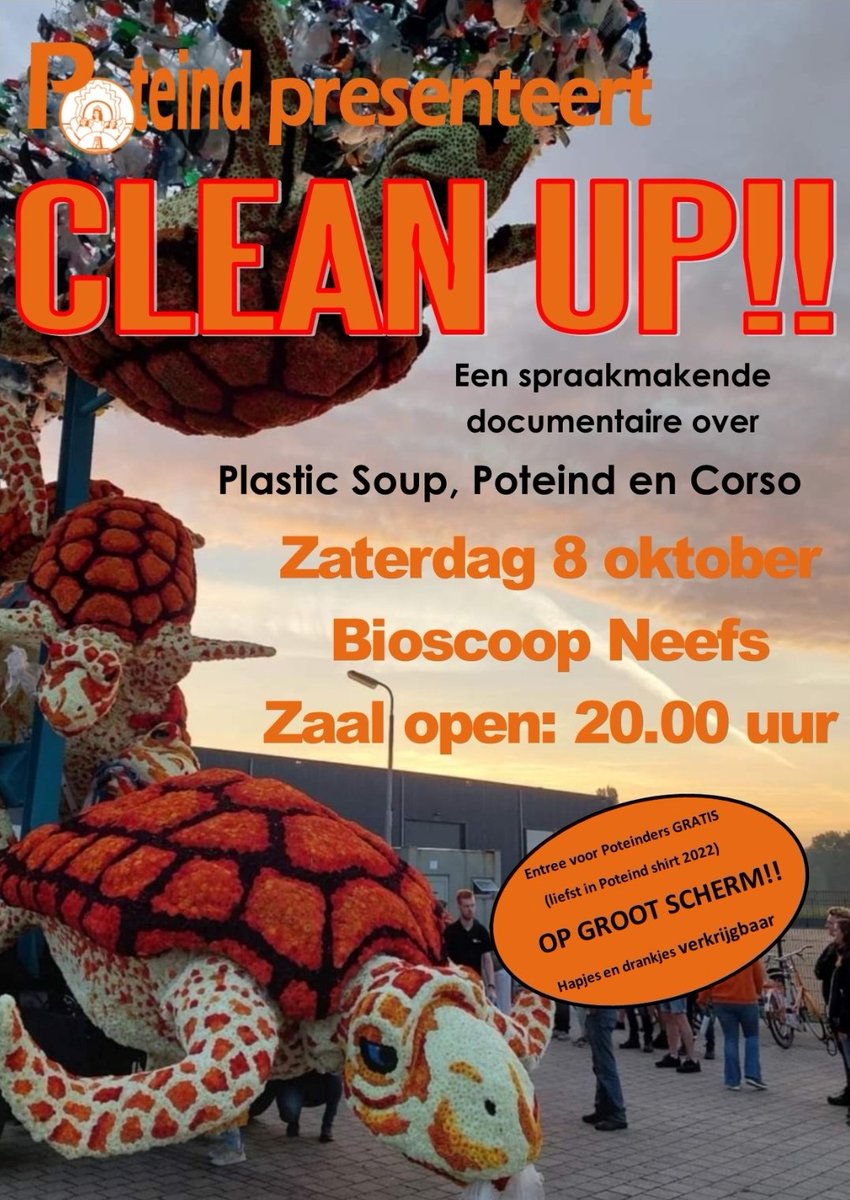 BSPoteind's tweet photo. Save the date: zaterdag 8 oktober! Met z'n allen bekijken we op groot scherm een mooi overzicht van afgelopen jaar, onder het genot van een drankje en een hapje 🥳🥳 Dresscode: shirt 2022 🧡🐢
#CleanUp #StopPlasticsoup #PoteindPower #CorsoZundert #PoteindPremiereParty https://t.co/f4IYIYvQyN