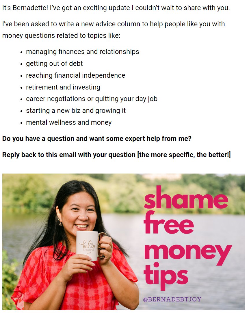 Drop your money, career or biz questions to get millionaire 
@bernadebtjoy
 to answer them on her new advice column!

Amazing access to a personal finance and former HR expert 👏🏼
#personalfinance #questions #debt #smallbusiness #advicecolumn #financial #retirement #finance