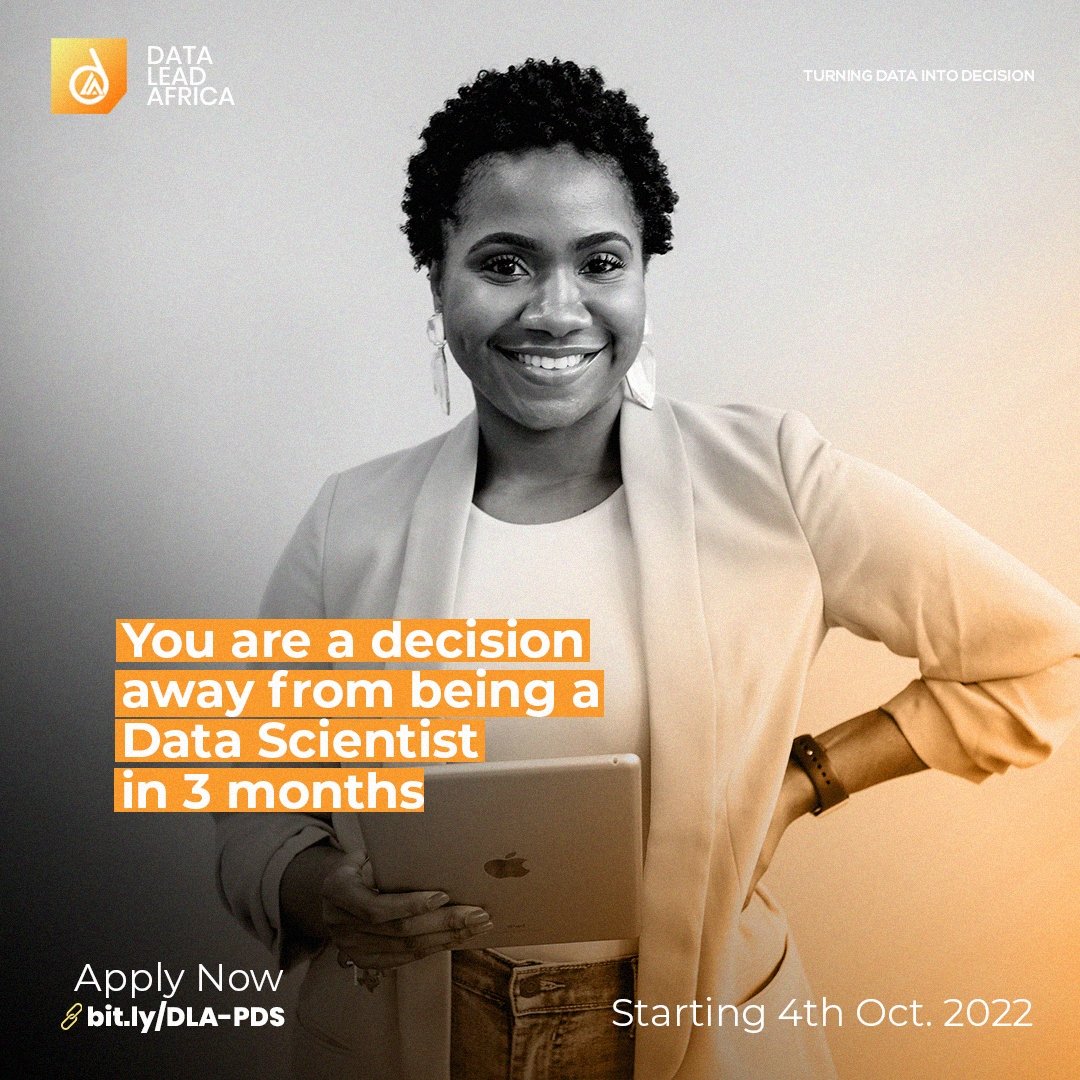 DataLead_Africa's tweet photo. Application is ongoing.

Take advantage of this opening and begin your Journey to becoming a Data Scientist. 

Apply at https://t.co/CKi4U9ZGXt

#datascience #dataenthusiast #datascientist #abuja #datacompany #onlineclass #datacompanyinabuja #learndatascience #datascienceonline https://t.co/qU54LsDRKX