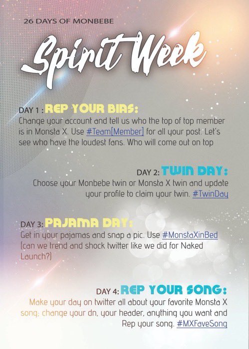 MonbebeMonth's tweet photo. itβs Day 20 of #26DaysofMonbebe and we bring you Spirit Week
What?: A week of themed events meant to hype up a group (in this case fandom)
We hope everyone participates! Today is all about your bias. Change your account and tweet #Team<Member> and show your pride. https://t.co/vOzzQB0hgg