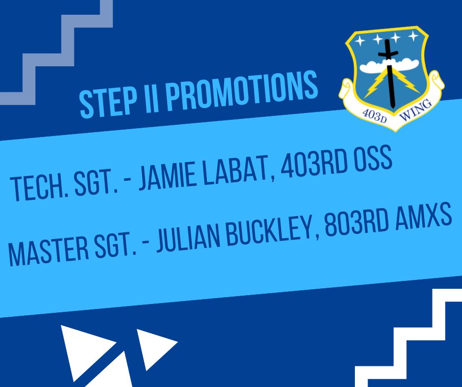 403rdWing's tweet photo. Congrats to these #WingofChoice members for earning Stripes for Exceptional Performers (STEP) II promotions๐ฅณ
STEP II is a commanderโs program designed to promote deserving Air Force Reserve members up to one grade above the authorized grade for their position.
#ReserveReady https://t.co/gxOpHiRzs1
