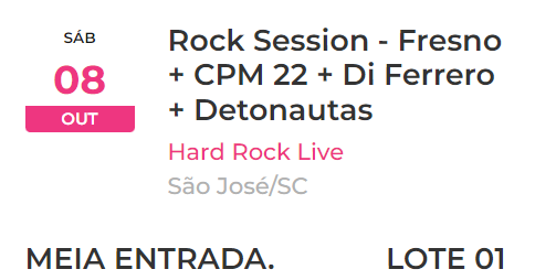 maygali_'s tweet photo. [VENDO] 2 Convites Rock Sessions 08/10 (Fresno + CPM22 + DI FERRERO + DETONAUTAS) - Hard Rock Live - SC

R$80 cada (1º lote - meia entrada - pista VIP)
#rocksessions https://t.co/3Xwn0YCiV8
