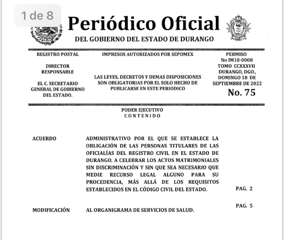 Ricardo_BarBus's tweet photo. Ya se permite el Matrimonio Igualitario en #Durango

El gobernador @EVillegasV instruye a las oficialías del Registro Civil a celebrar actos matrimoniales sin discriminación y sin necesidad de amparo. https://t.co/gOhb3XjS9O