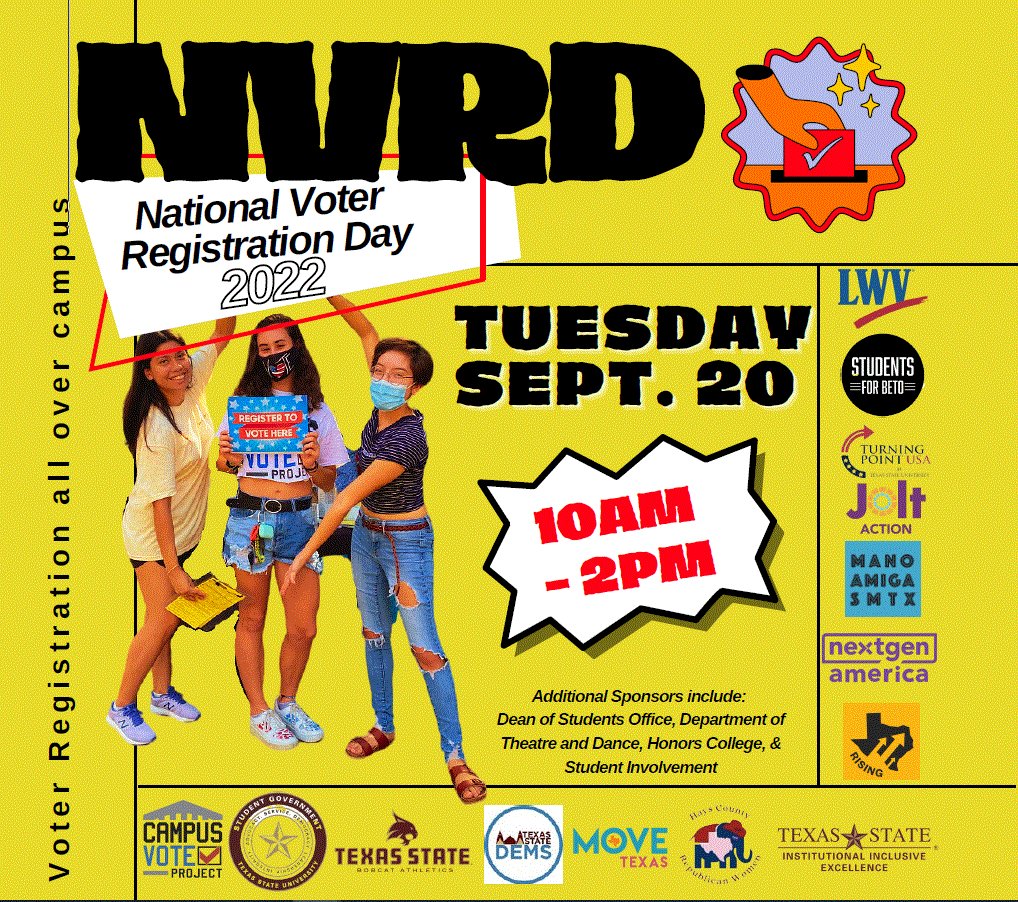 TXST_CORE's tweet photo. Did you know tomorrow is National Voter Registration Day!
Organizations will be across campus 9/20 from 10-2 to get you registered to vote or update your address.  CORE will be outside of the UEC. #NVRD #TXSTvotes https://t.co/2RQuKWa9Fk