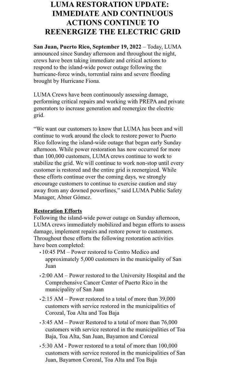 DavidBegnaud's tweet photo. The statement was just put out by LUMA energy Puerto Rico https://t.co/MyYn4ehRCs