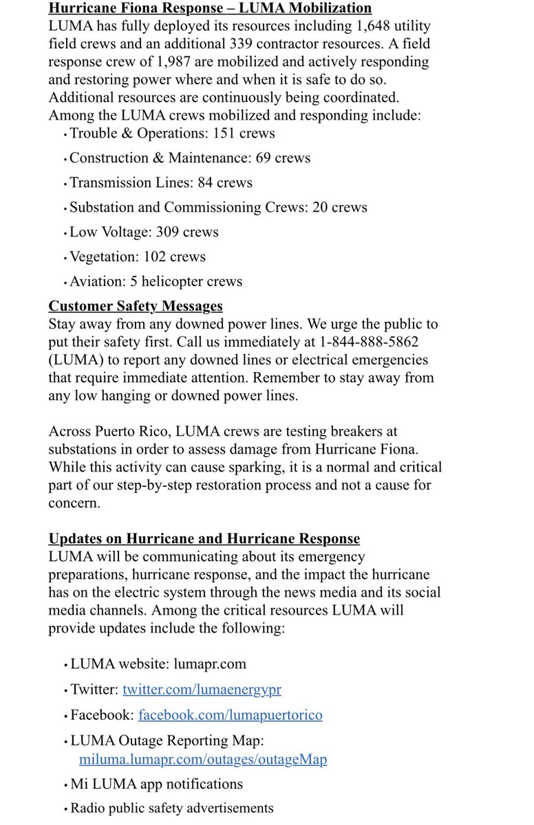 DavidBegnaud's tweet photo. The statement was just put out by LUMA energy Puerto Rico https://t.co/MyYn4ehRCs