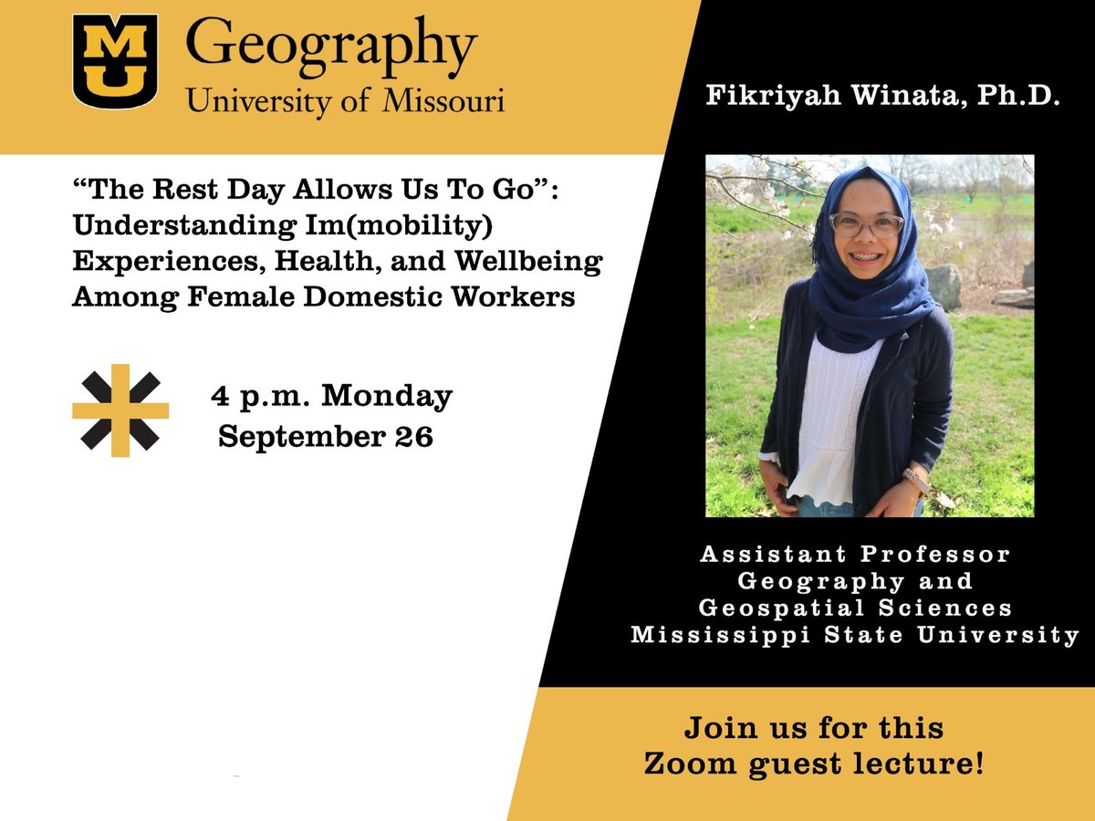 MizzouGeog's tweet photo. We're very excited to start our colloquium series this semester with Dr. @fikriyahwinata presenting next week! DM for zoom link. https://t.co/TRLhXCta04