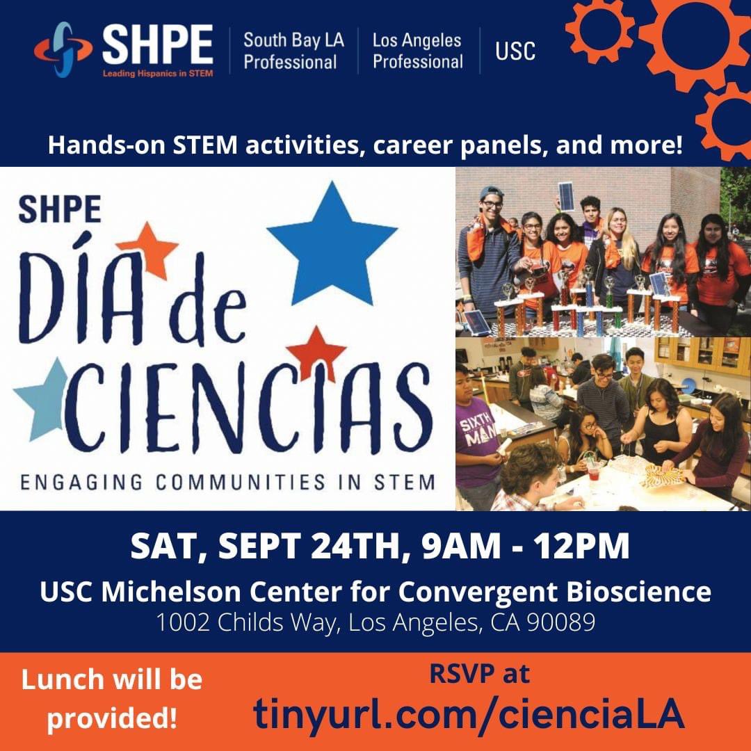 Inviting K-12 students to join us for this FREE event to celebrate Hispanic Heritage month while learning through STEM activities and insight from professionals. Any questions including volunteering opportunities please contact Diego Jacome at vp.external@shpela.org  #SHPELA