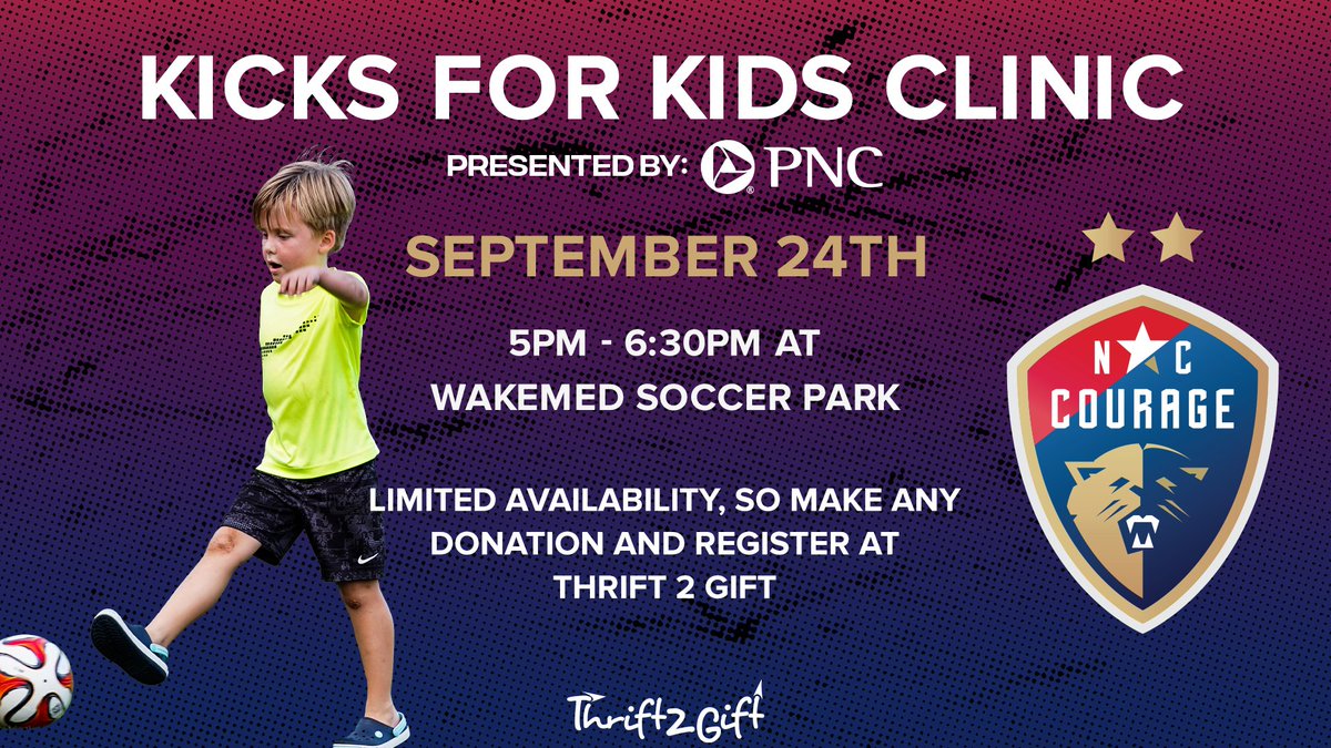 Our pro club is hosting a free soccer clinic before the @TheNCCourage match against @GothamFC this Saturday, 9/24! This is presented by @thrift2gift and open to kids of all ages! 😁 Click here for more information ➡️ bit.ly/KicksForKidsCl…