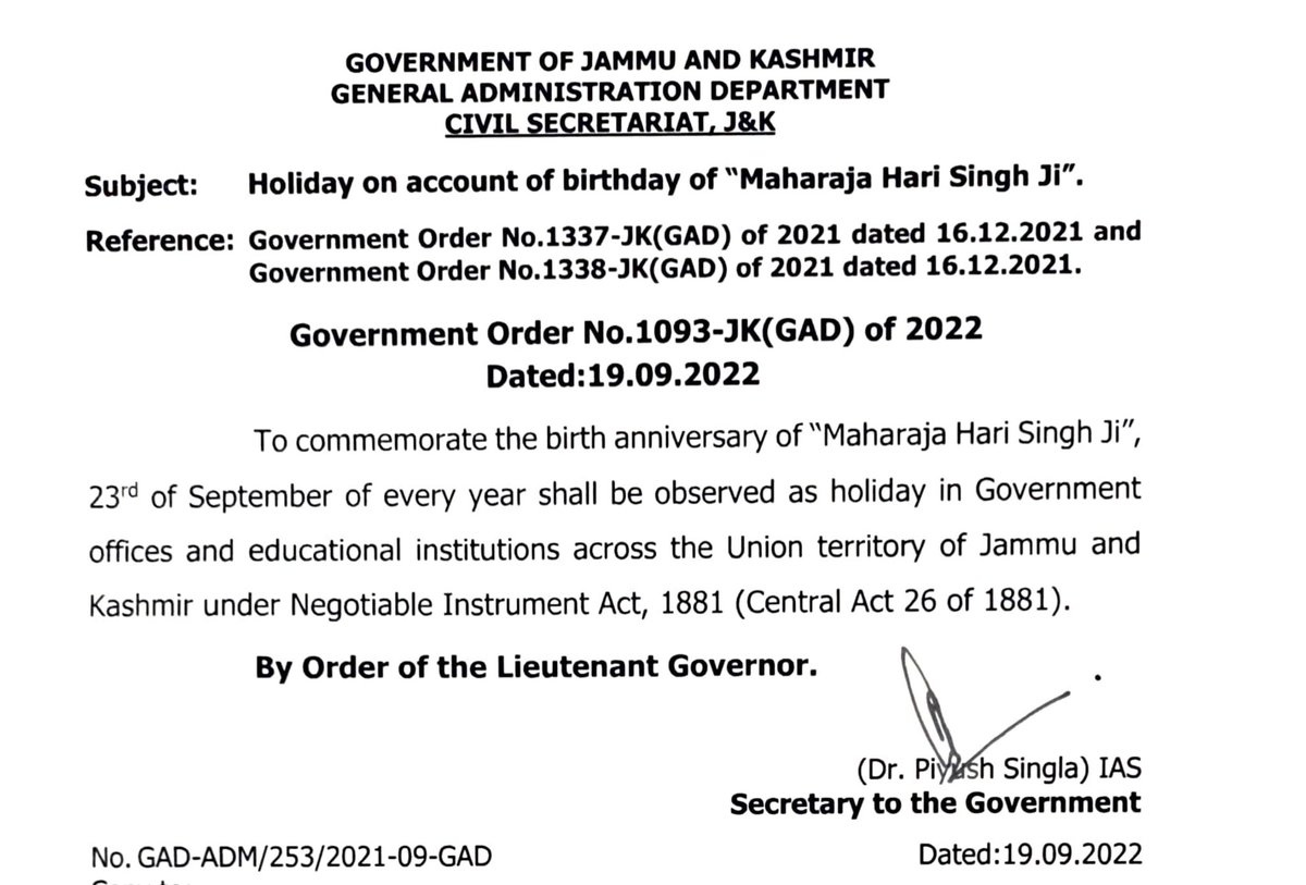 inderpics's tweet image. Official order of holiday on account of birthday of Maharaja Hari Singh Ji across Union Territory of Jammu and Kashmir.

#officialOrder #Holiday #maharajaHariSinghJi 
#jammu
#dograruler
#kingjammu
#JammuandKashmir #ladakh #india #lgmanojsinha #BJP #manojsinha #inderpics #jkbjp