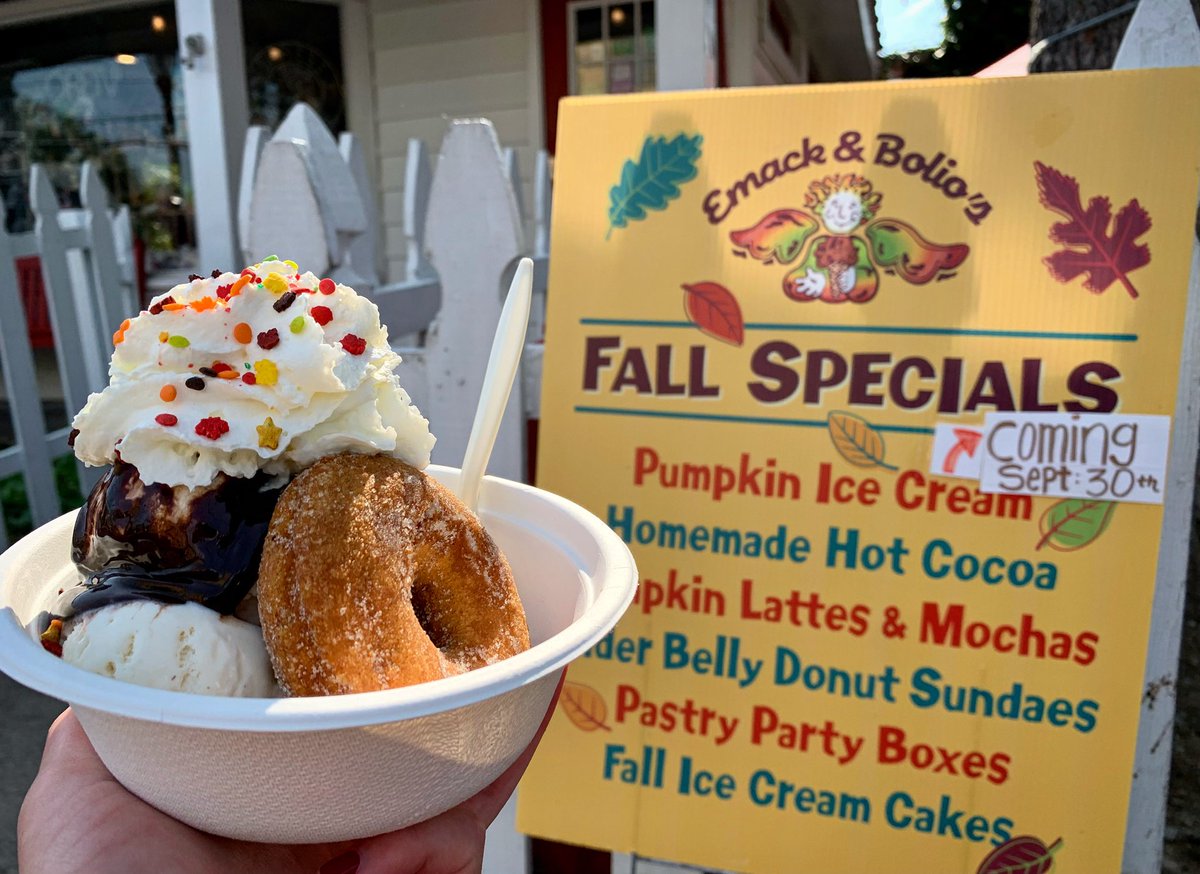 It’s that time of year again..Our Pumpkin Spice Donut Sundaes are back! 🍩

Made with a <a href="/CiderBellys/">Cider Belly Doughnut</a> Pumpkin Spice donut, a scoop of your favorite #emackandbolios ice cream, homemade hot fudge &amp; whipped cream! 

PS Mark your calendars for 9/30 when our Pumpkin ice cream returns!