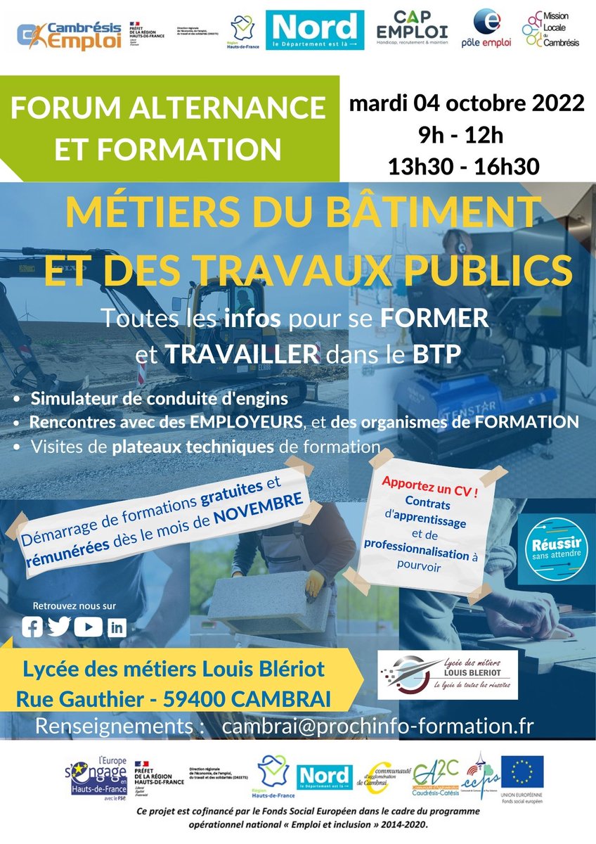 CambresisEmploi's tweet photo. 📍Cambrésis Emploi, en partenariat avec les partenaires de l'emploi, de l'insertion et de la formation du territoire, organisent un Forum alternance et formation, des métiers du bâtiment et des travaux public : 04/10/22 : 9H00 / 12H00 - 13H30 /16H30 - Lieu : Lycée Blériot/Cambrai https://t.co/16Q70sS5sc