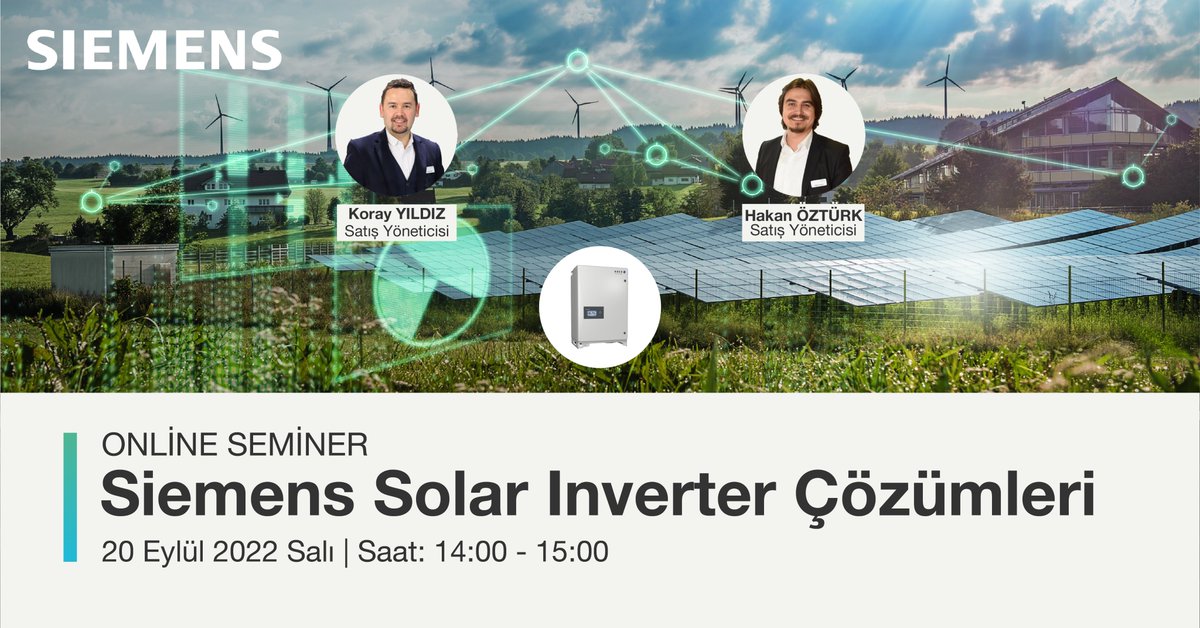 Endustri40's tweet photo. #Webinar | Siemens Solar Inverter Çözümleri
Siemens Türkiye 'den Sn. Hakan Öztürk ve Sn. Koray Yıldız'ın konuk olacağı webinar 20 Eylül Saat 14:00'da. Kayıt için: https://t.co/xX54c7YHiz https://t.co/BYZabLWbmt