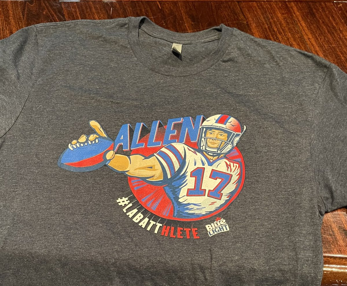 AmherstAleHouse's tweet photo. MNF game day giveaway! 

Follow us and RT for a chance to win this Josh/Labatt T-shirt.
Random winner will be announced at 6pm today.

(We open at 4pm today)
625-7100 
#BillsMafia 
#GoBills https://t.co/nFsxOP2j8e