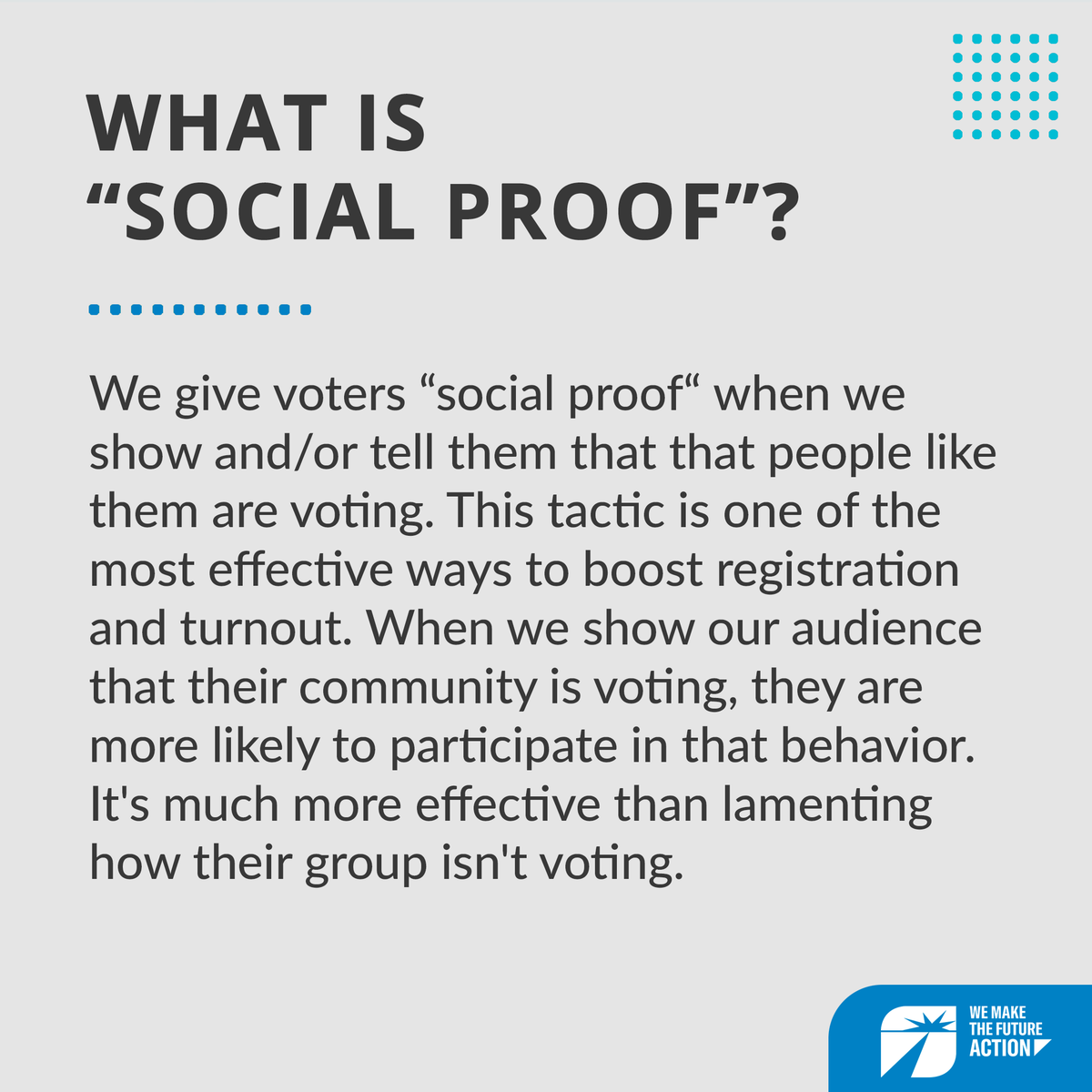 WMTFAction's tweet photo. Today’s Messaging Monday: The concept of “social proof” is rooted in psychology, but this term can also be applied as a tactic to encourage voting. https://t.co/DJuJBhaRGW