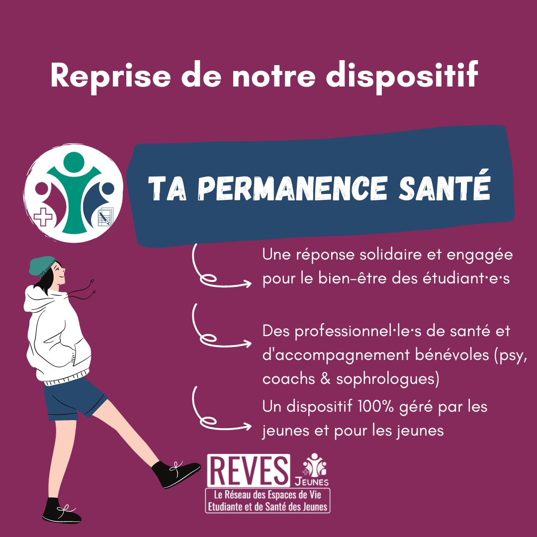 RevesJeunes's tweet photo. « Ta permanence santé », édition 2022/2023 reprend en Île-de-France qui permet de bénéficier d’un accès à des professionnels de santé qui s’engagent  : 

- soutien psy 
- soutien en coaching 
- des séances de sophrologie de groupe 
- des groupes de parole https://t.co/Wi8u5PLMHJ