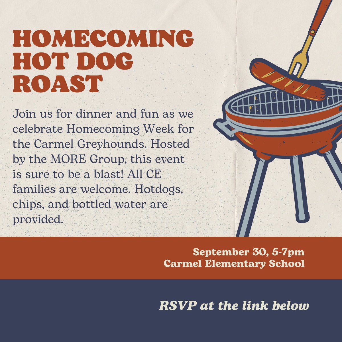 CarmelElemPTO's tweet photo. MORE is hosting a Homecoming Hot Dog Roast on 9/30. All families are welcome, and we'll provide hot dogs, chips, and water. RSVP at the link provided. Can't wait to see you there, Tigers!
https://t.co/S6xiddp0dq https://t.co/OieSBBXtoz