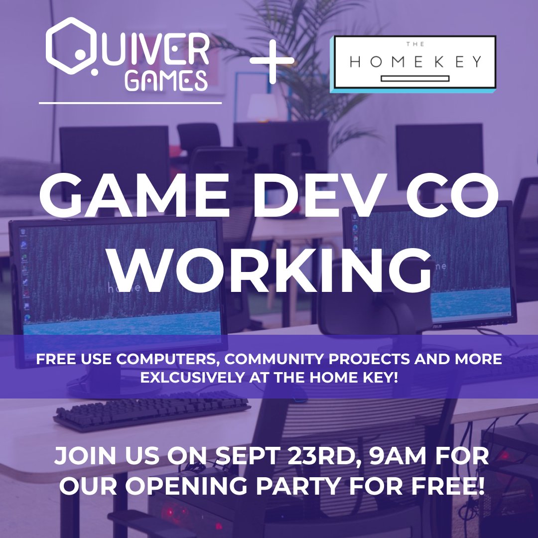 We are super excited to announce that Quiver Games Co Working is NOW LIVE! We have been working super hard with The Home Key to deliver the best in person experience possible for your co working needs. You can come hang out every day of the week 9am-6pm and work on your games!