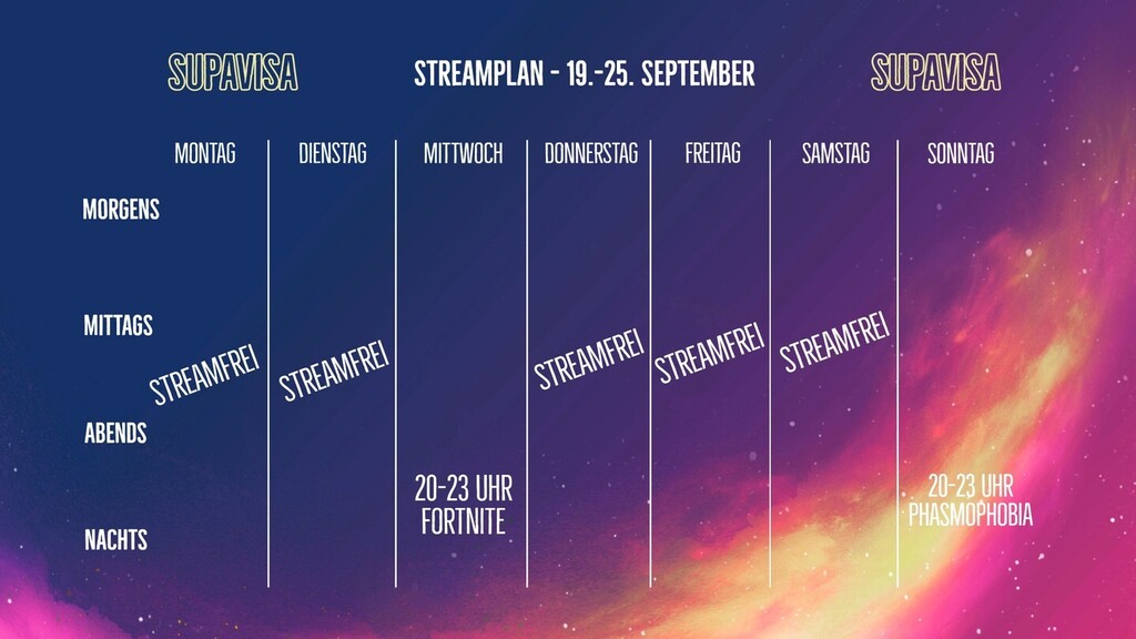 Supavisa's tweet photo. Streamplan KW38/22 (19. - 25. September)

#twitch #twitchgermany #twitchdeutschland #stream #twitchstreamer #twitchie #german #deutsch #streamer #gamer #gamerlife #gamers #twitchde #twitchtv #twitchaffiliate #twitchstreaming #pvp #supavisa #phasmophobia #phasmo #horror #stre… https://t.co/OqyBP0bAeQ