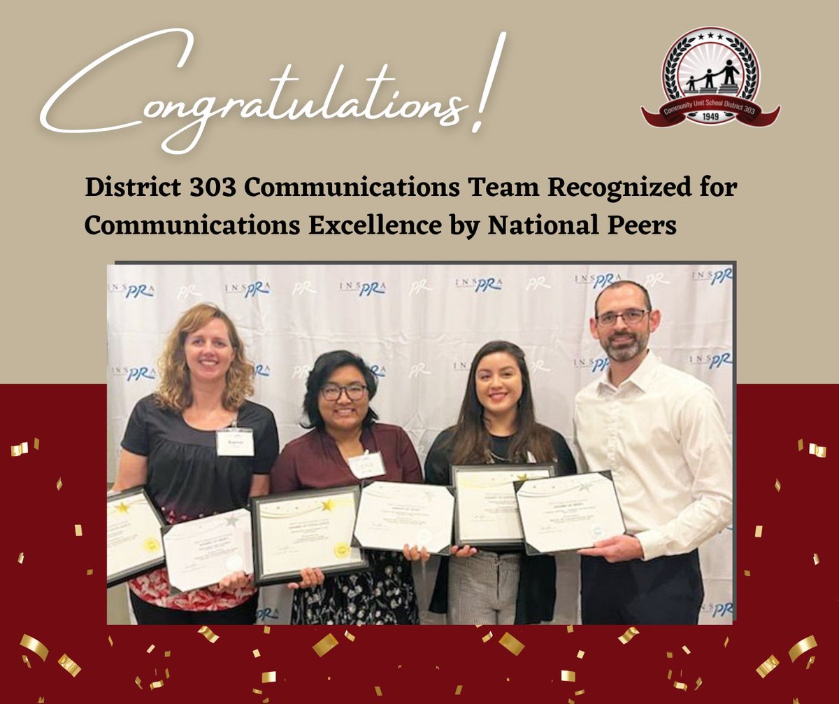 StCharlesD303's tweet photo. πThe D303 Communications Team was recognized for its exceptional communications efforts, earning three Awards of Excellence and three Awards of Merit by #INSPRA, the stateβs school public relations association. Congratulations!π #D303Pride Read more β‘ https://t.co/8i1DwISio6 https://t.co/dCYScyMp8S