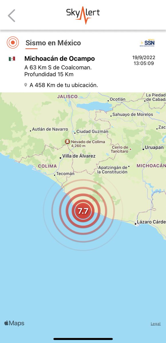 SkyAlert (@skyalertmx) on Twitter photo Actualización #TerremotoMichoacán
SSN ajusta la magnitud del sismo de 7.4 a 7.7.
•Sismo grande que está generando tsunami. (Ver tuits previos)
•Se esperan réplicas por semanas -o incluso meses- con magnitudes que podrían llegar a 6.
#19DeSeptiembre Actualización #TerremotoMichoacán
SSN ajusta la magnitud del sismo de 7.4 a 7.7.
•Sismo grande que está generando tsunami. (Ver tuits previos)
•Se esperan réplicas por semanas -o incluso meses- con magnitudes que podrían llegar a 6.
#19DeSeptiembre