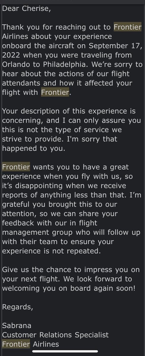 CheriseStyles's tweet photo. @FlyFrontier I reported the incident to Frontier customer service and received this “apology.” Your staff needs to be trained and if Sandra Jean doesn’t like her job she should find another. She was very rude and loud and she shouldn’t have put her hands on me https://t.co/00FIaoqvRK