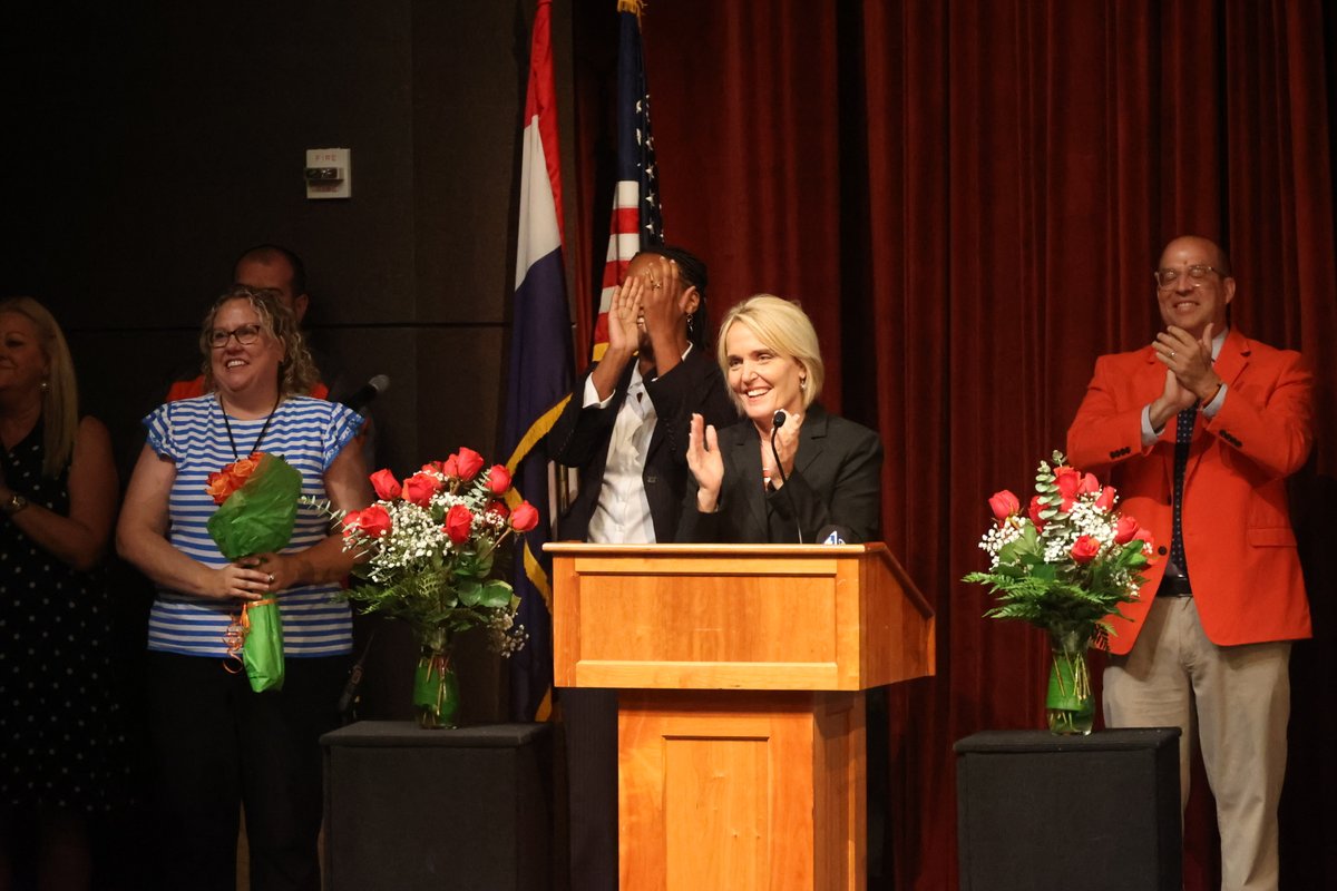 MOEducation's tweet photo. What an exciting day! Surprise announcement at @RitenourSchools to announce 2023 Missouri Teacher of the Year Christina Andrade Melly! @MoCommissioner joined in the celebration! https://t.co/USurc0vGlb