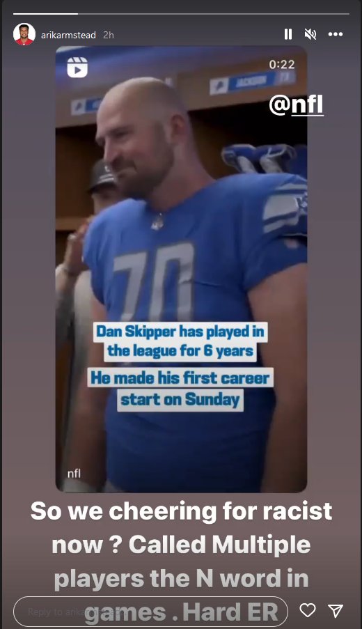 NFL_DovKleiman's tweet photo. #49ers DE Arik Armstead accuses #Lions OT Dan Skipper of calling players the "N-word" in multiple games and for being a “racist.” https://t.co/Nz3ofpo8ek
