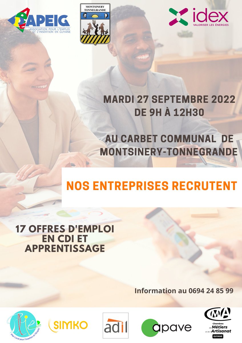 Apeig973's tweet photo. A vos cv! le 27/09 à partir de 9h aura lieu un jobdating organisé par l'APEIG. 17 offres d'emploi et des partenaires du logement, de la mobilité et de la formation. #emploi @PLIE973 @CTdeGuyane @CACL_GUYANE @AVEmploi @Prefet973 @Apave_Int @CMAFrance_ https://t.co/9qlNwKitcl