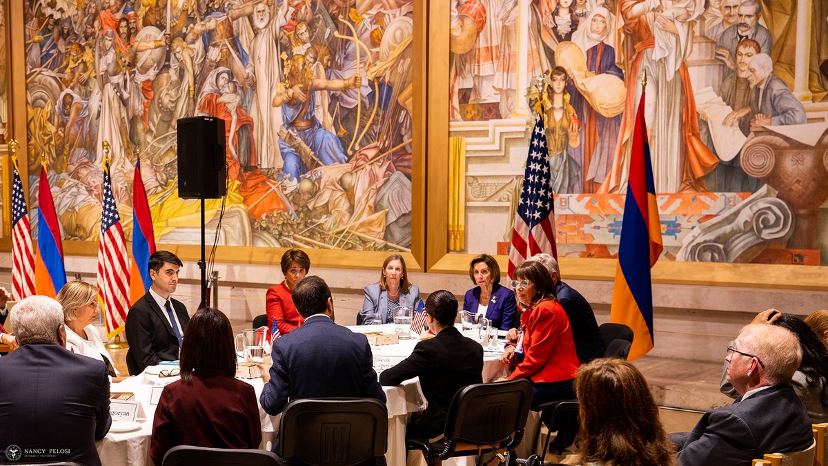 SpeakerPelosi's tweet photo. We held a roundtable with civil society leaders, who shed their light on Armenia’s battle for its democracy &amp; security. It was my honor to address those leaders in a speech at the Cafesjian Center for the Arts, where I delivered a clear message of America’s commitment to Armenia. https://t.co/dFqDmMCFHd