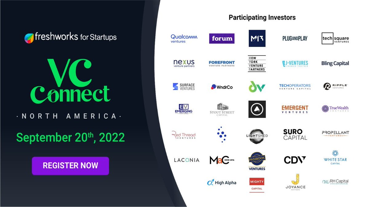 FreshworksInc's tweet photo. Freshworks for Startups brings to you the VC Connect: North America edition.

Network 1:1 with venture capitalists, startup community leaders, and industry experts from across the region on 20 September 2022.

Register: https://t.co/p1l0nPD6Q6

#startups #funding #venturecapital https://t.co/JhmPhKVGKs