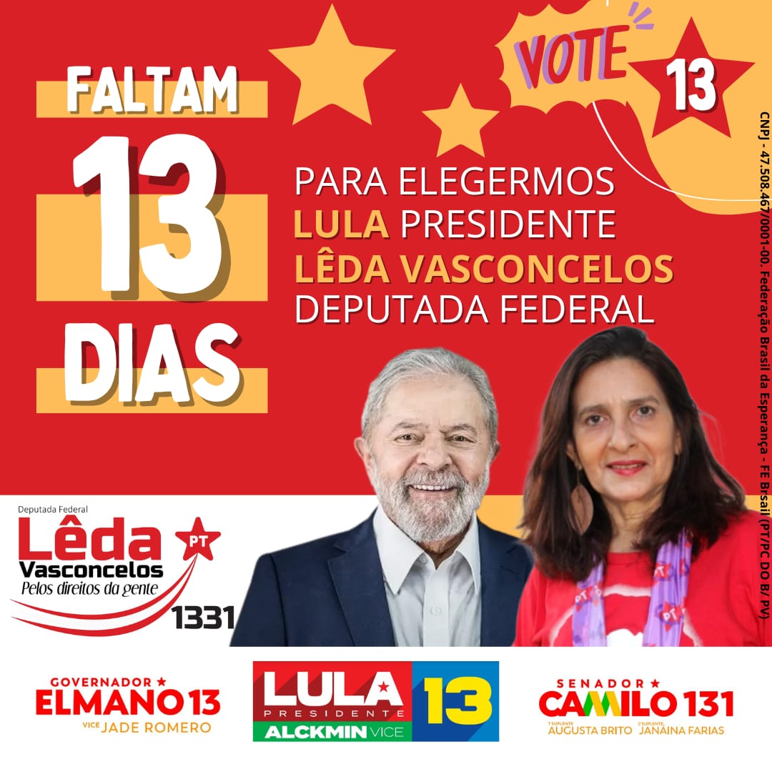 ledaDAPCeara's tweet photo. Faltam 13 dias para as eleições, vamos fortalecer essa luta pra vencermos no 1° turno.

#leda1331 #Lêdadeputadafederal #pelosdireitosdagente
 #lula13 #Lulanoprimeiroturno #Elmano13  #Camilo131 #Timedo13 

Propaganda eleitoral- Lêda Vasconcelos- PT- CNPJ 47.508.467/0001-00 https://t.co/3yyTbobOUa