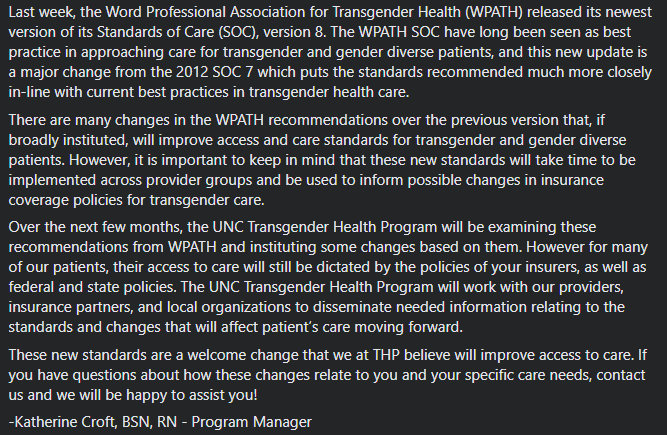 Statement from our Program Manager about the new Standards of Care from WPATH!