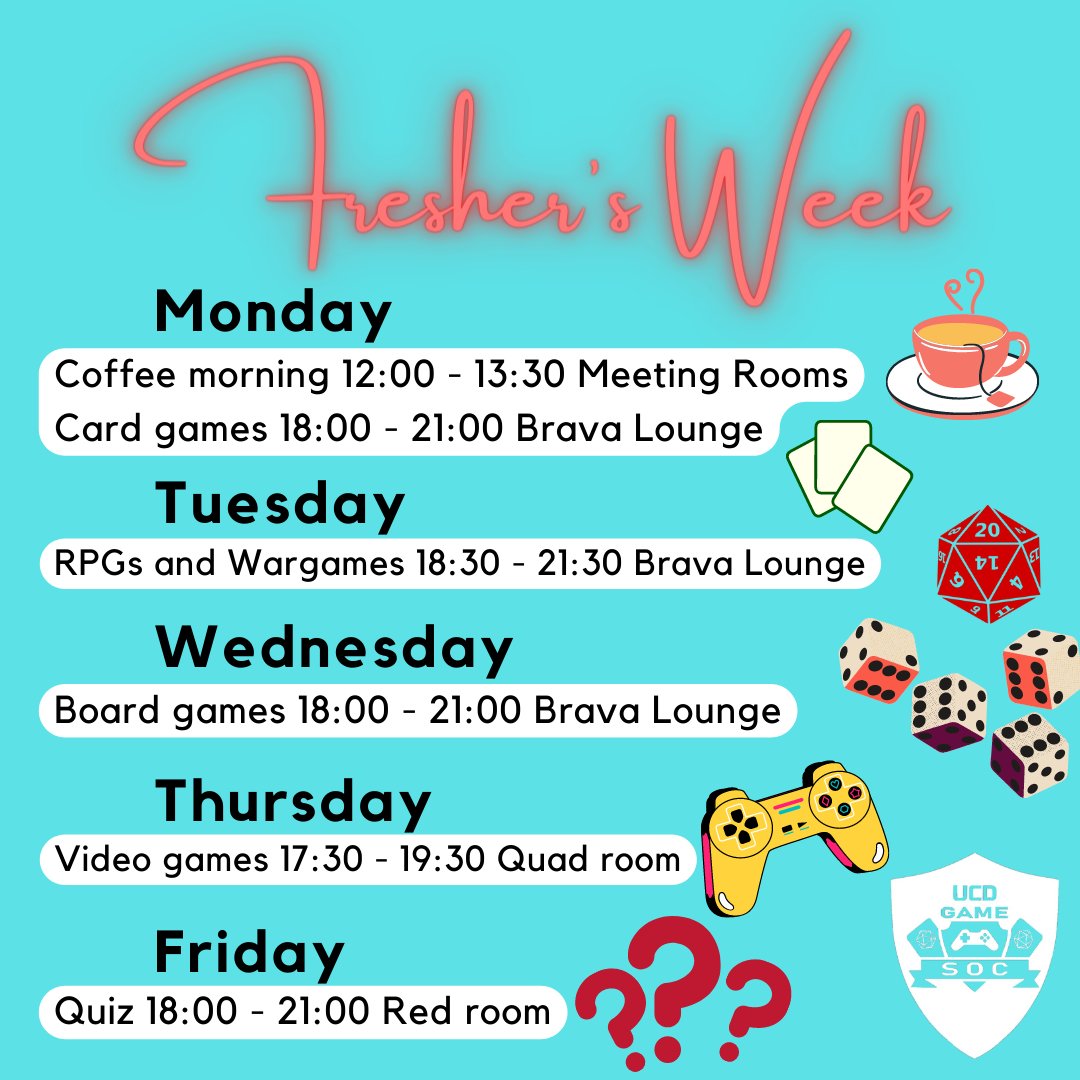 Hey everyone! In case you haven't seen, below are the events we are running for Fresher's Week 2022/23!

Be sure to check out our stand in the Quad this week to sign up too!