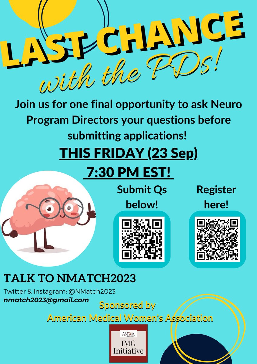 Hello Future Neurons!

Join us THIS FRIDAY for one final chance to ask Neuro PDs your application questions! We are honored to have a wonderful panel and can't wait to see you at the event!

Submit Qs here: forms.gle/UgD2Ac3FAM2wLN…

Register here: us02web.zoom.us/webinar/regist…