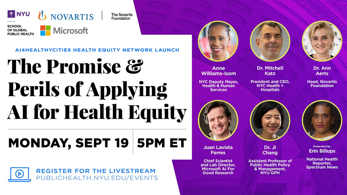 The Promise & Perils of Applying AI for Health Equity
STARTING IN 30 MINS
Join us for the launch of the AI4HealthyCities Health Equity Network by exploring how health, social, economic & environmental factors drive unequal health outcomes in NYC.
REGISTER: ow.ly/BMQA50KL0Nz