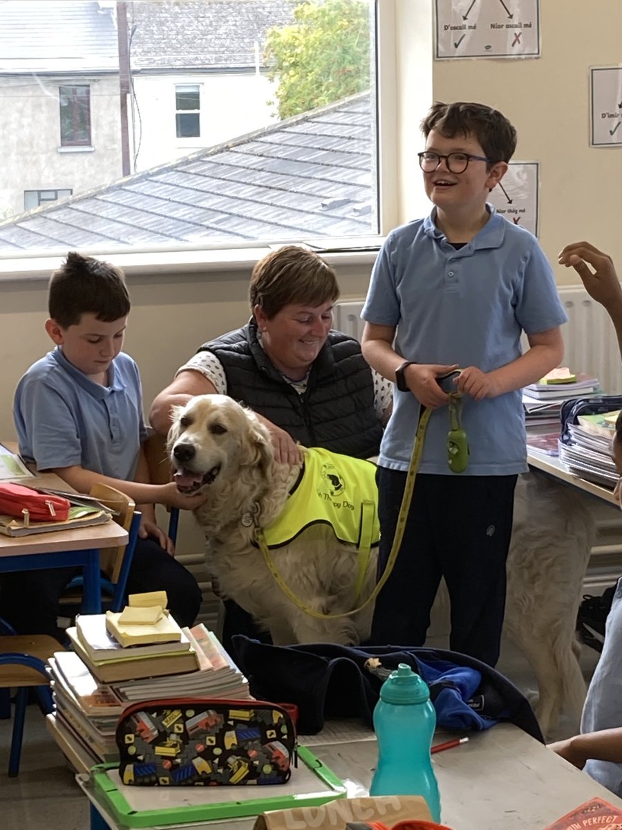 A big thank you to Mary O’Gorman for bringing‘Charlie’, her therapy dog to visit 4th class today. Well done also to Dylan who helped organise the visit