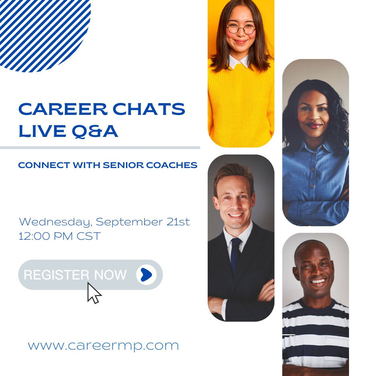 Join us for this month’s free Career Chats Live Q&amp;A with CMP senior career coaches. Meet with Jan Moorman and Brian C. Allen online Wednesday, September 21st at 12:00pm CST.

Register Now:
hubs.li/Q01mG9bR0