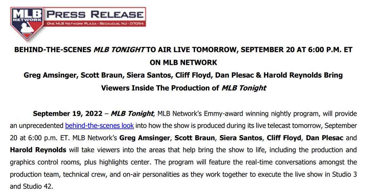 Tuesday on @MLBNetwork: Greg Amsinger, @scottbraun, @SieraSantos, @CliffFloyd30, @Plesac19 and Harold Reynolds bring viewers behind-the-scenes during a live telecast of #MLBTonight at 6pm ET. Details: mlb.com/press-release/…