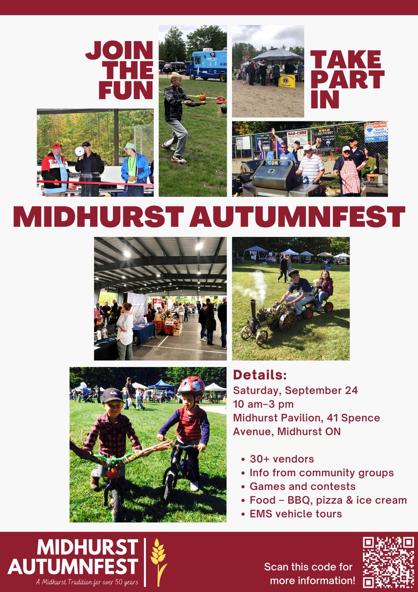 Less than one week until Midhurst Autumnfest!

Join us next Saturday, September 24 from 10 am–3 pm. This year's fair features over 30 vendors, games and contests, the classic Lions' Club BBQ, other food options, and more!

More details: villageofmidhurst.ca/autumnfest