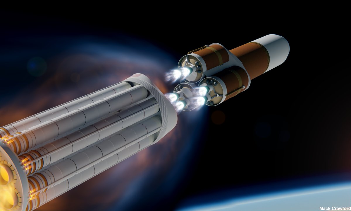 brickmack's tweet photo. To attempt to reduce costs during SEI, several heavy rocket configurations were studied using clusters of existing stages. This vehicle featured a first stage made from ten evolved Shuttle SRBs, a second stage built around 3 ET-sized tanks and 6 SSMEs, and a new third stage https://t.co/9kcr0FjZ1T