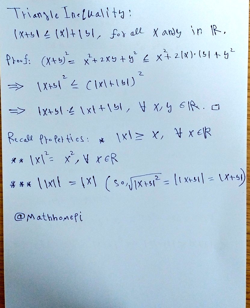 mathhomepi's tweet photo. #mathematic #math #proof #mathematical_proof #logic #mathhomepi #proofs #mathematics
#رياضيات #المنطق #الاثبات_الرياضياتي #سباق_الرياضيات #ماث #الرياضيات
#تحدي #تفكير
Simplest proof of triangle inequality. https://t.co/fpYRtyWdS7