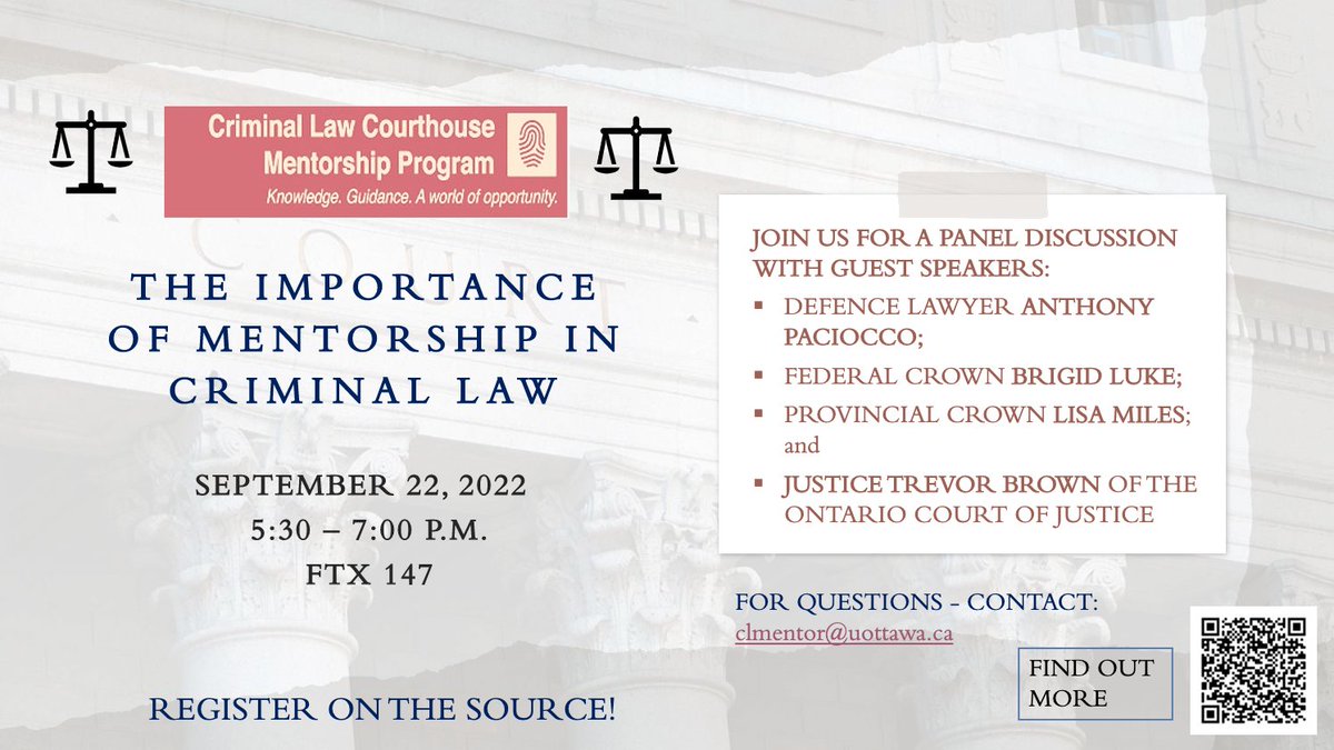 Alexandrakw06's tweet photo. Are you a UO Common Law student interested in criminal law? Don't miss this event!
Êtes-vous un·e étudiant·e en Common Law UO qui s'intéresse au droit pénal? Ne manquez pas ce panel! https://t.co/sqpm1MnRIV